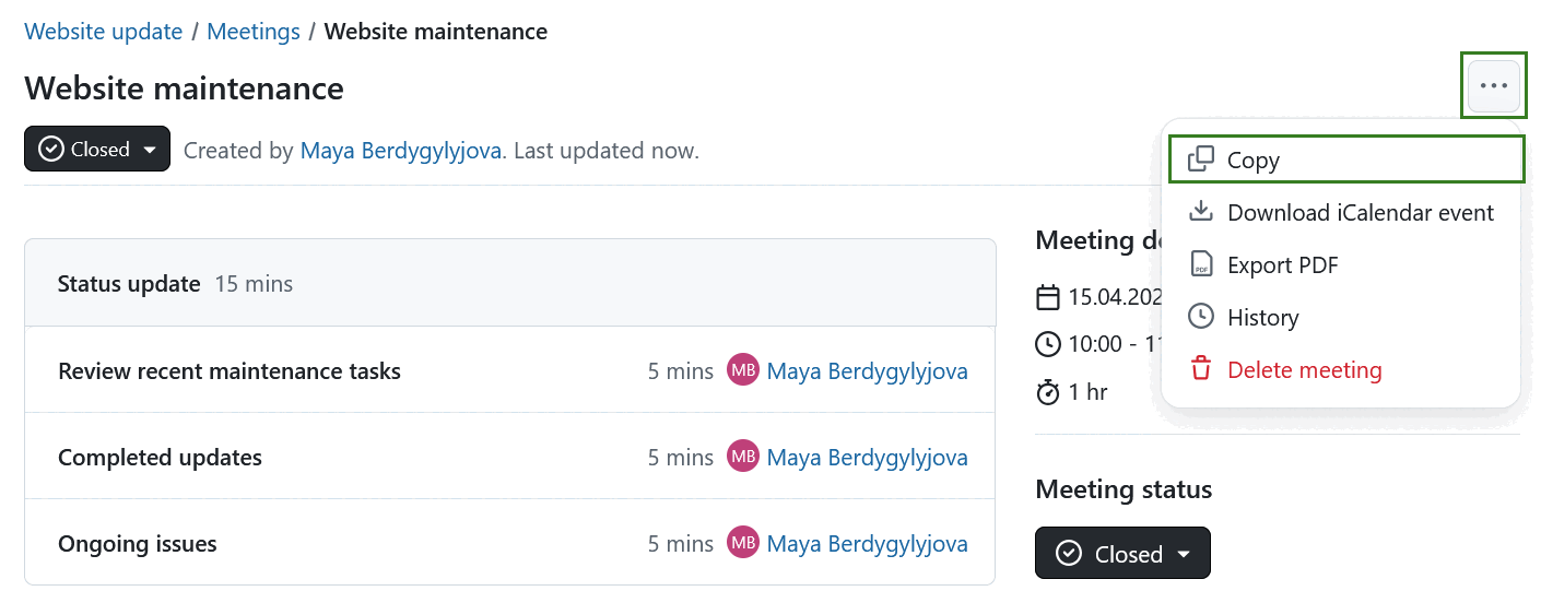Copiar una reunión en OpenProject