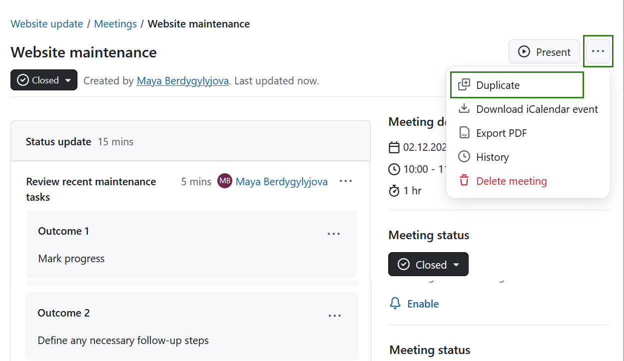 Copiar una reunión en OpenProject