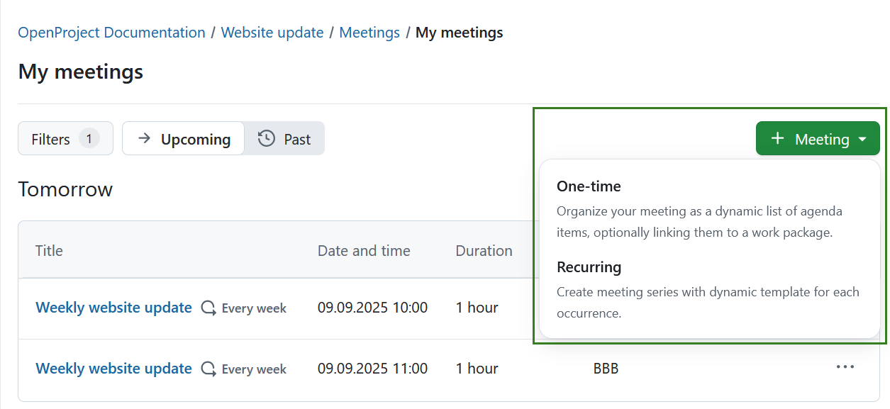 Crear nueva reunión en OpenProject