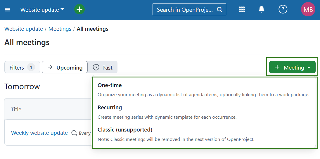 Create new meeting in OpenProject