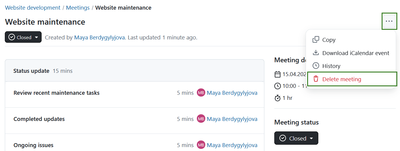 Deleting a meeting in OpenProject