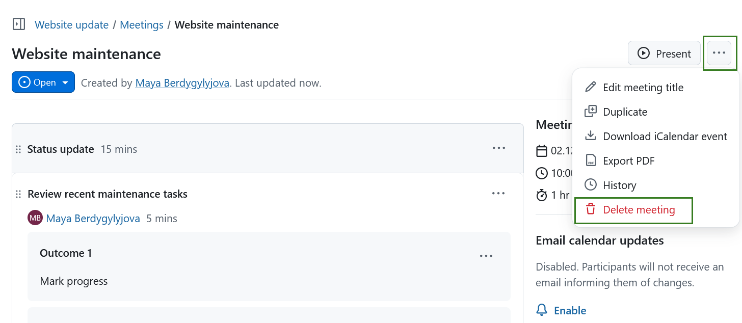 Suppression d’une réunion dans OpenProject