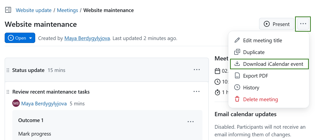 An icon to download a meeting as an iCalendar event in OpenProject meetings moduel