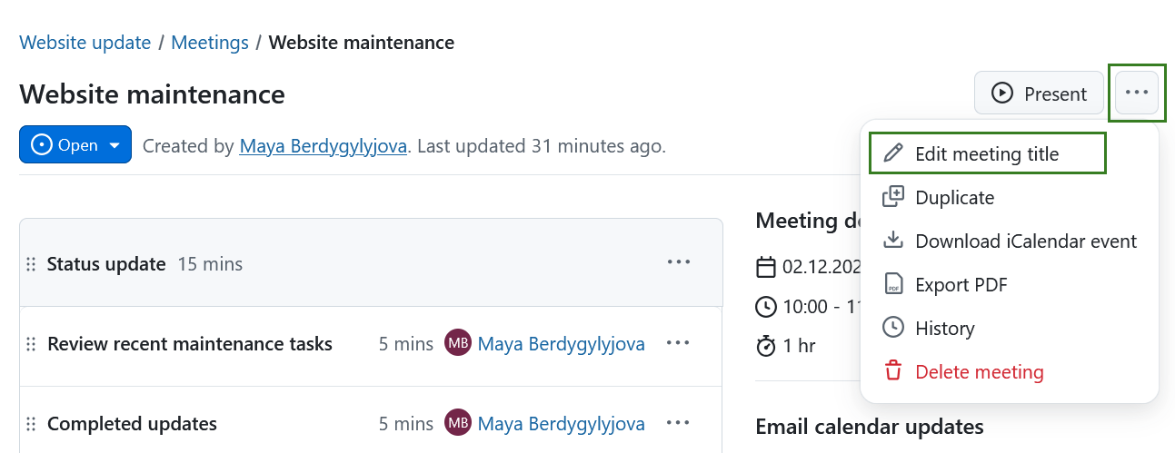 Editar el título de una reunión en OpenProject