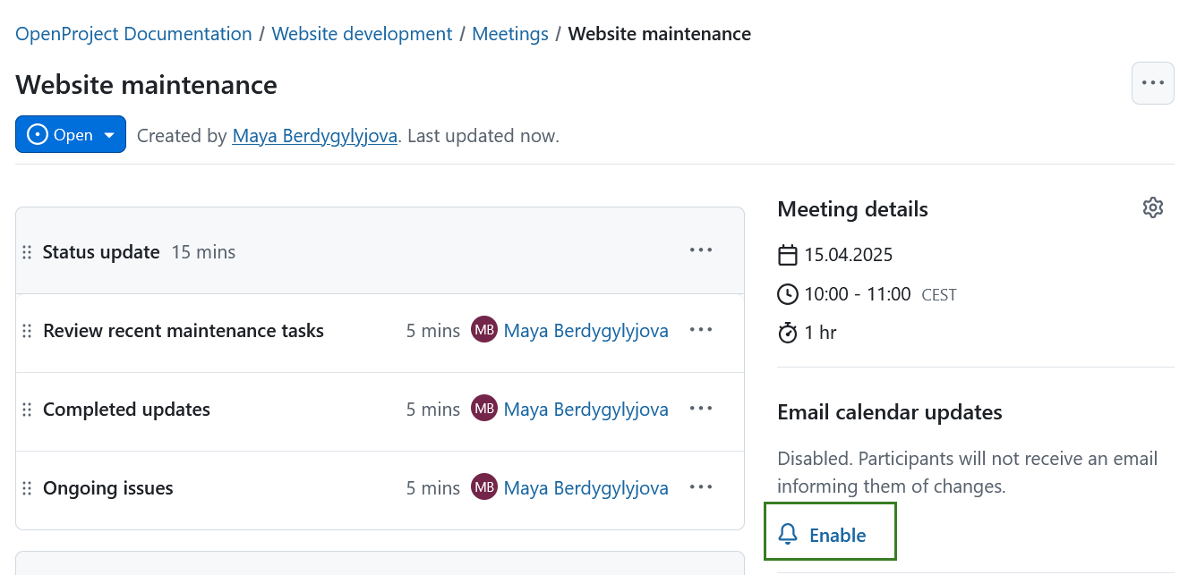 Icono para activar las actualizaciones del calendario para los cambios en las reuniones puntuales de OpenProject