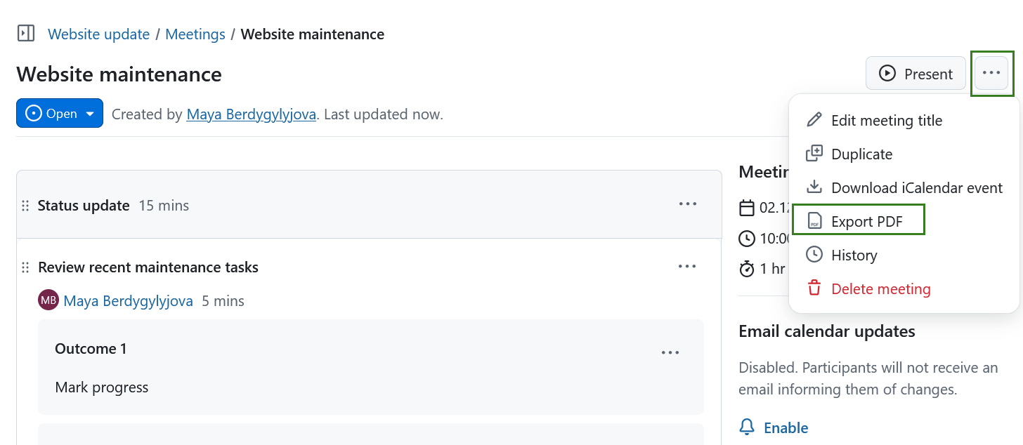 Option d’exportation d’une réunion au format PDF dans OpenProject