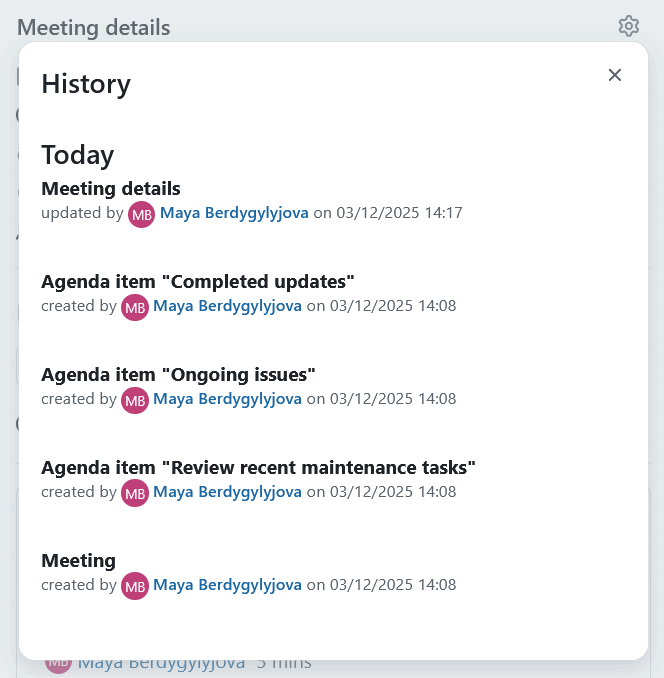 Historial de reuniones en OpenProject