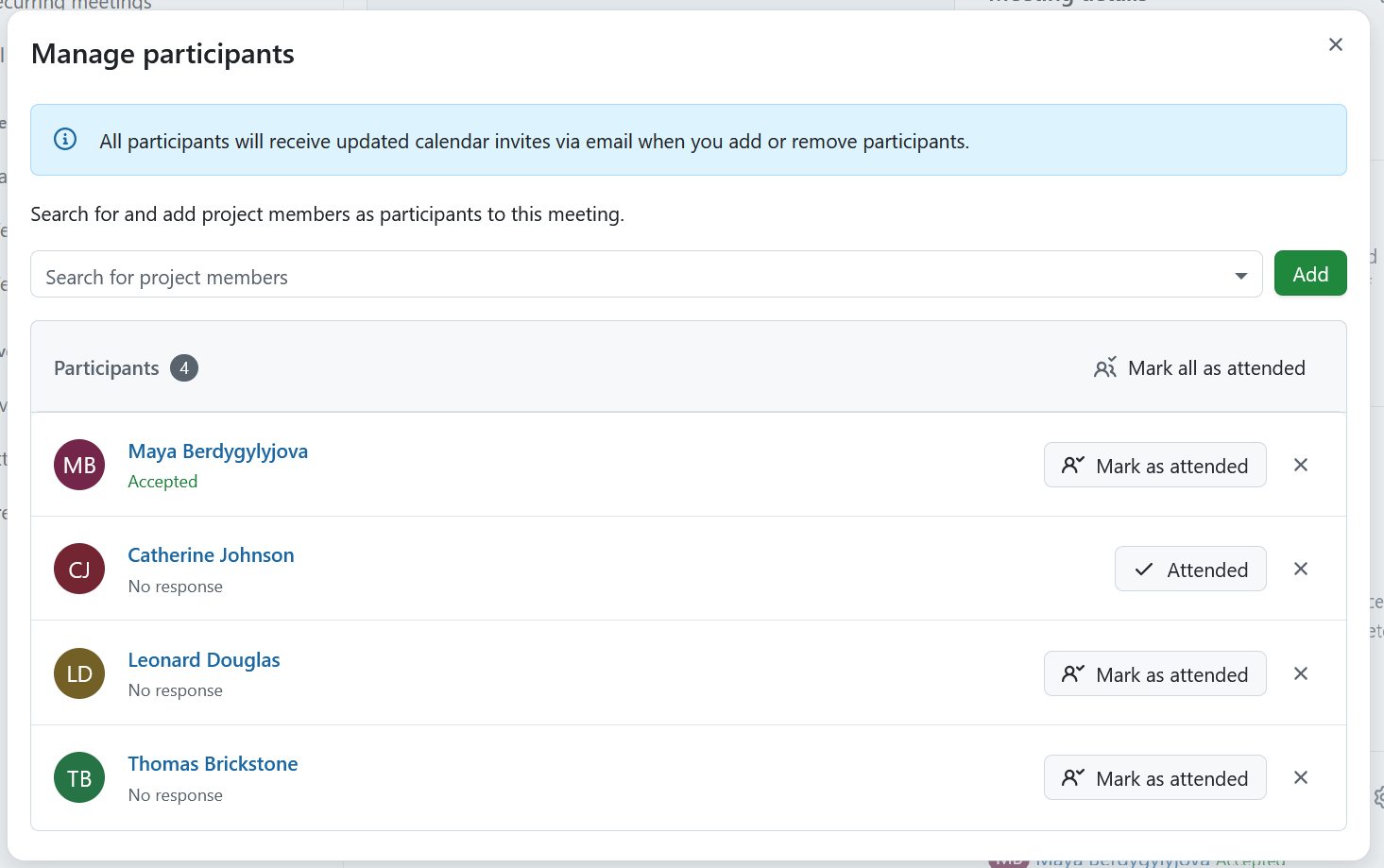 Bouton pour marquer les participants à une réunion comme étant présents dans le module des réunions d’OpenProject
