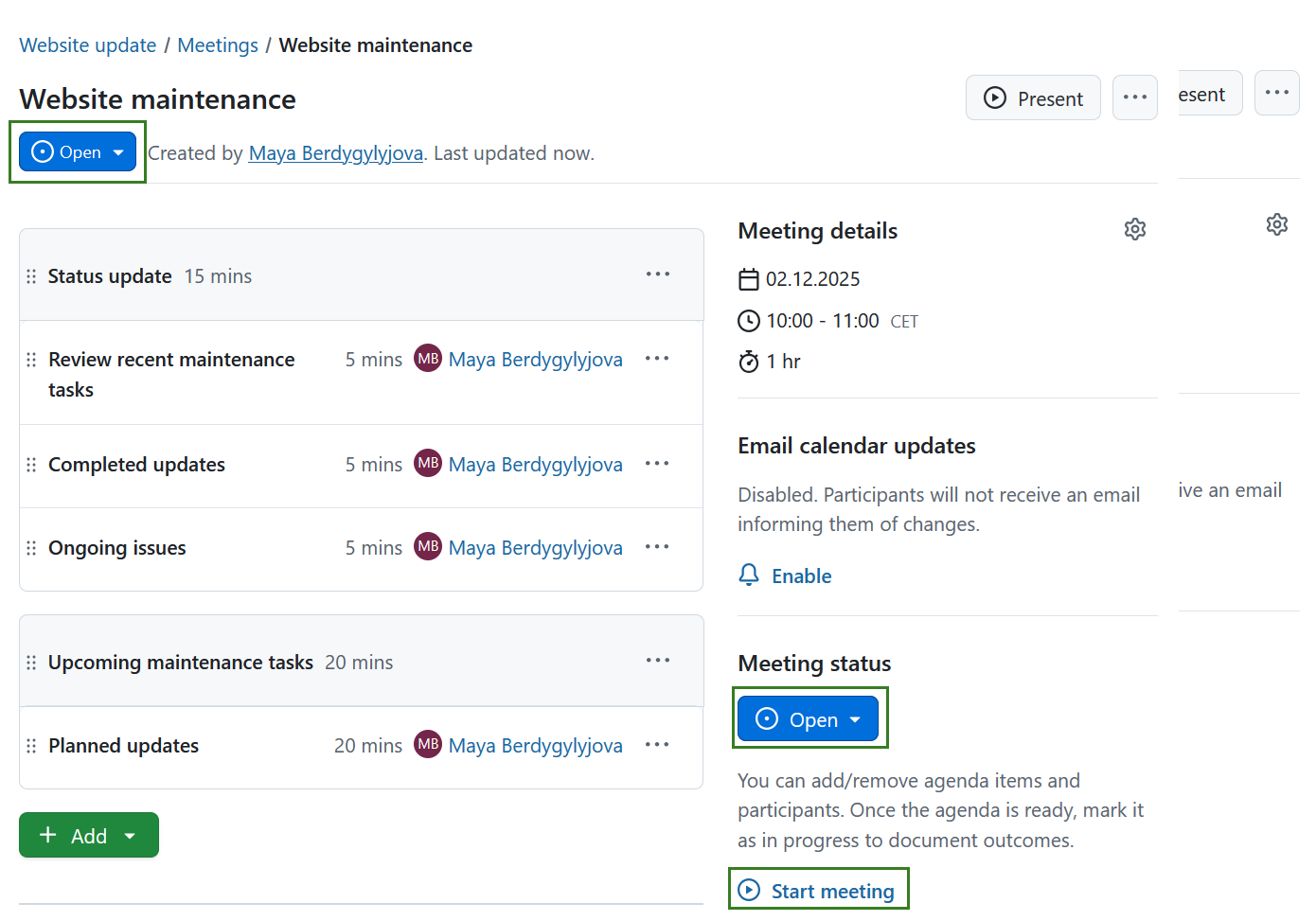Lien pour démarrer une réunion dans OpenProject