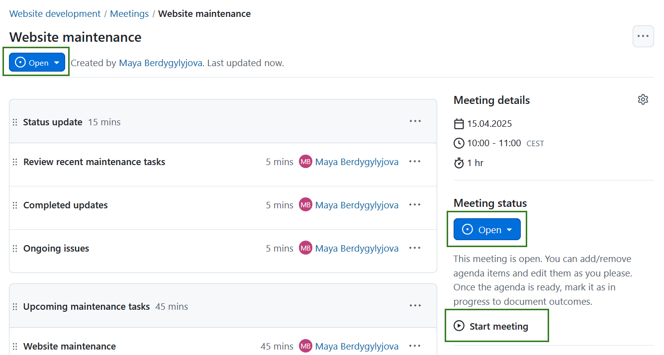 Link to start a meeting in OpenProject