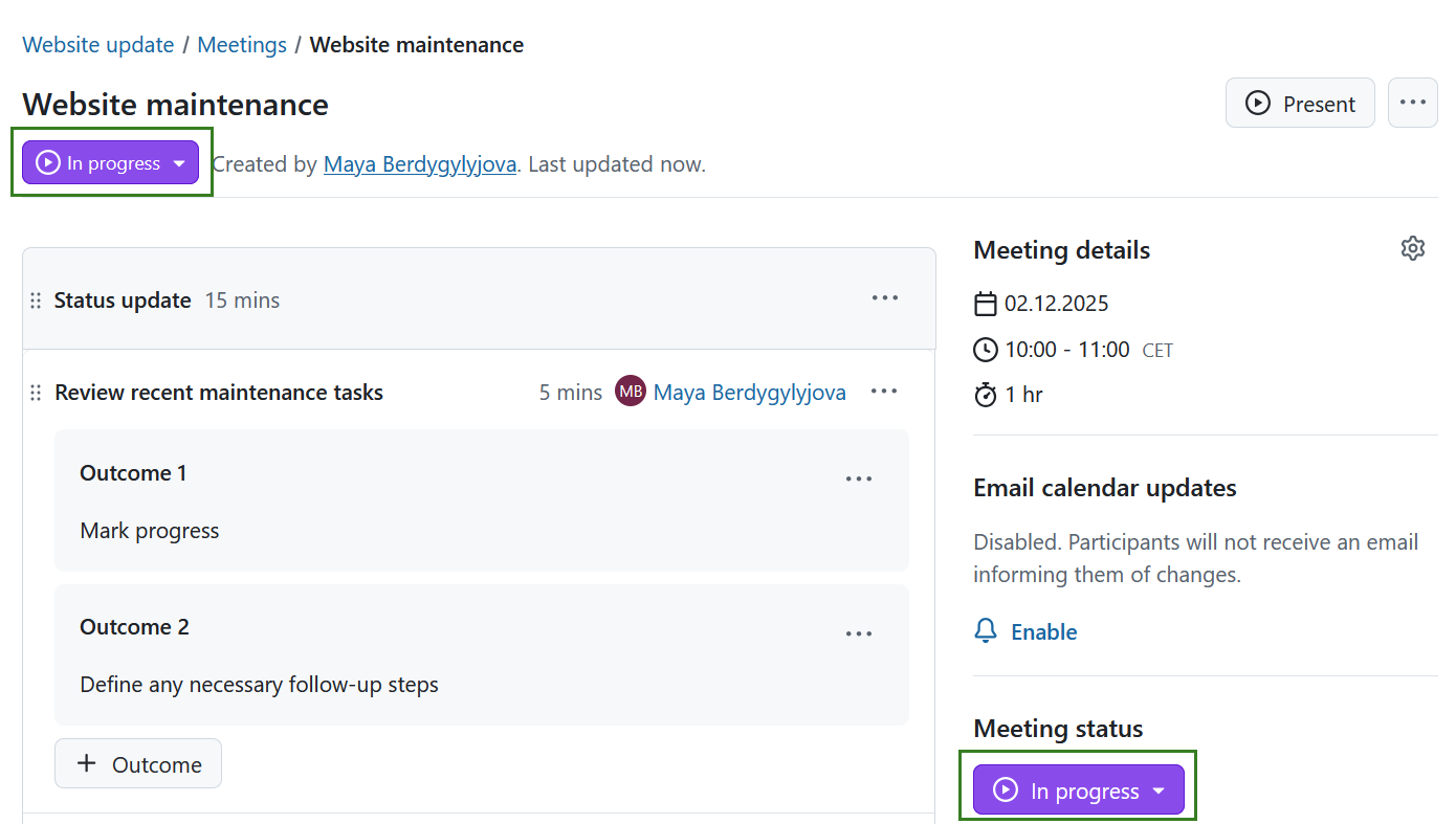 Statut de la réunion dans OpenProject