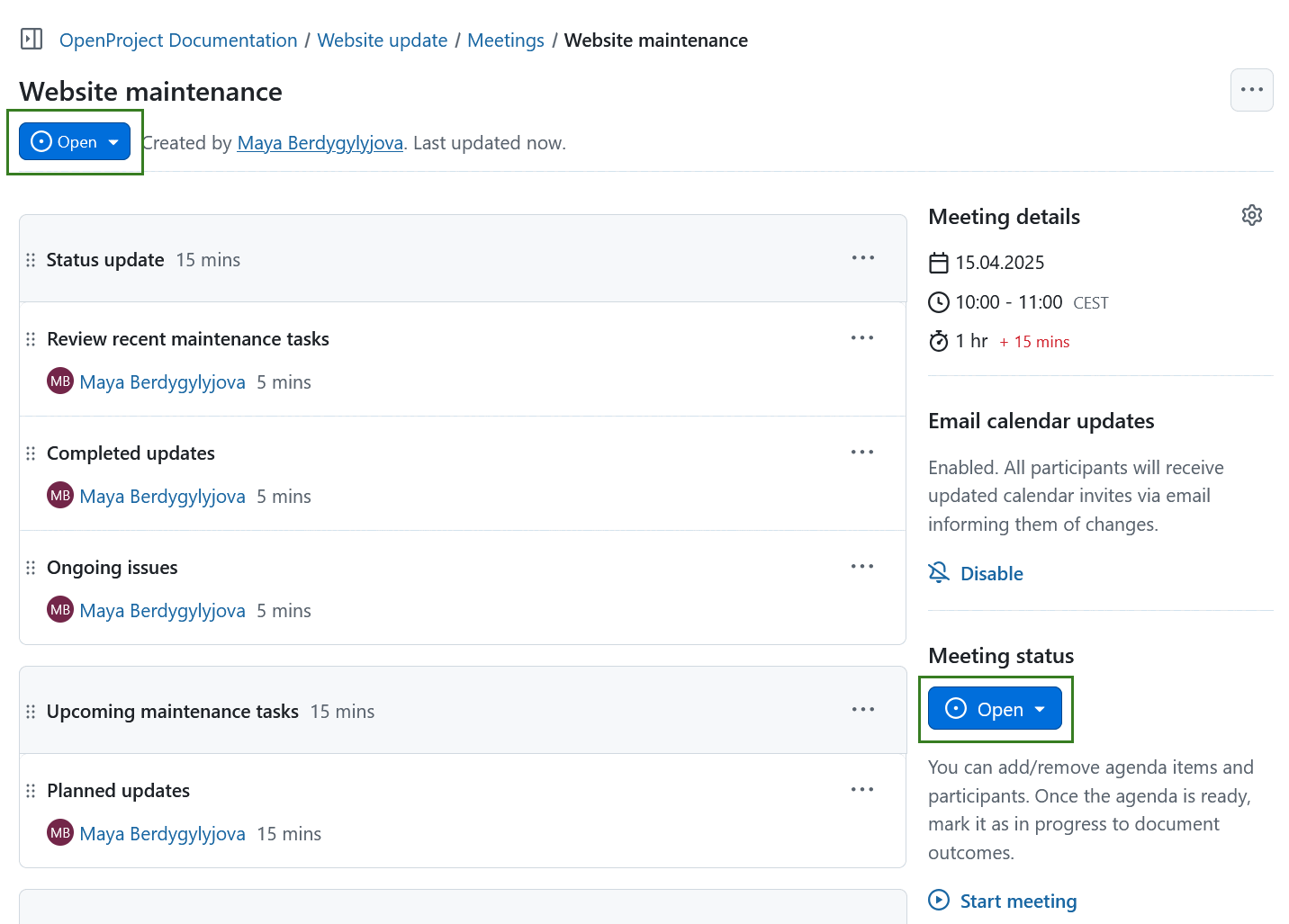 Estado de la reunión en OpenProject