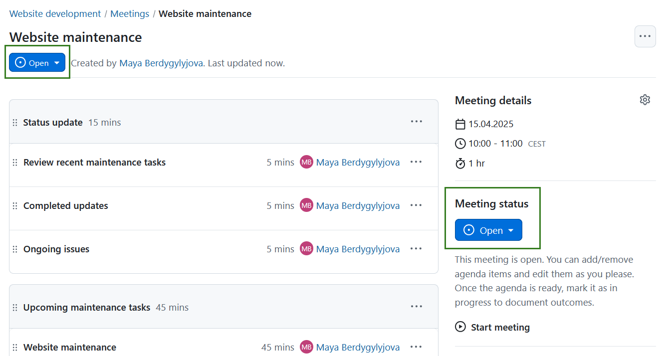 Meeting status in OpenProject