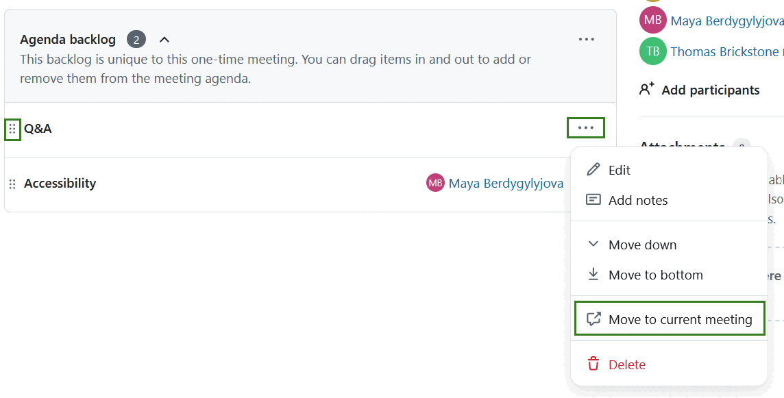 Mover los puntos del orden del día pendientes al orden del día en las reuniones de OpenProject