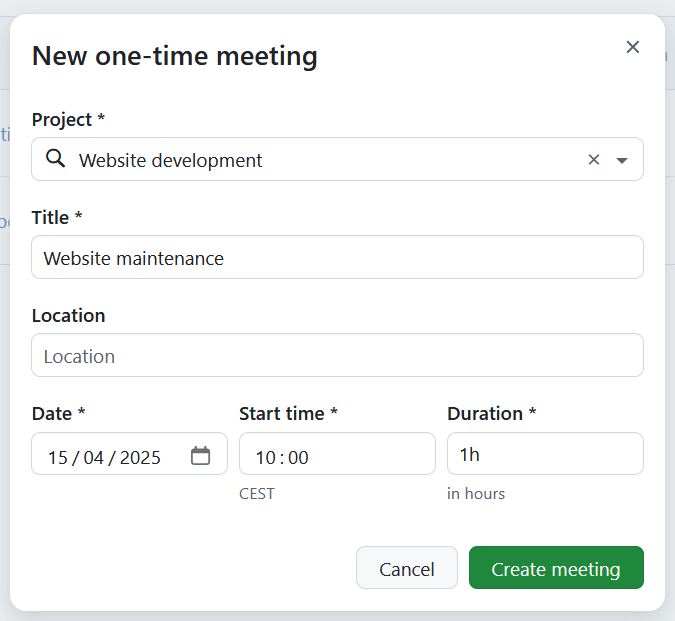 Create a new one-time meeting in OpenProject