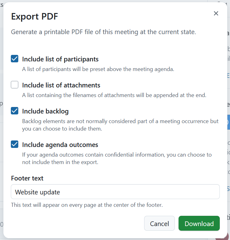 Une boîte de dialogue pour spécifier l’exportation au format PDF d’une réunion dans OpenProject