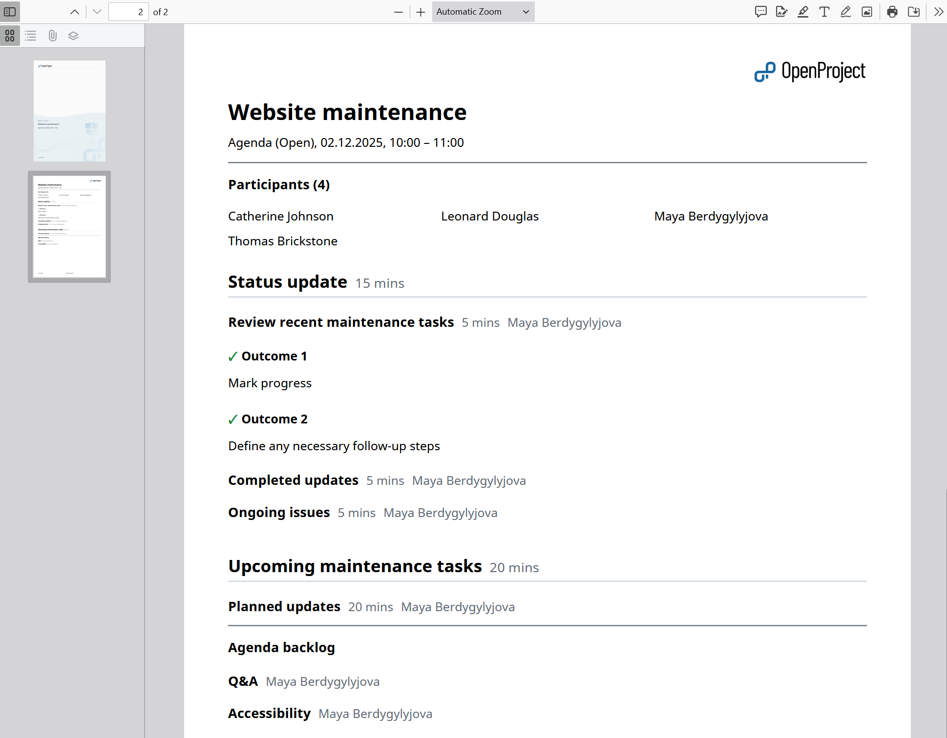 Ejemplo de una reunión exportada como archivo PDF en el módulo de reuniones de OpenProject