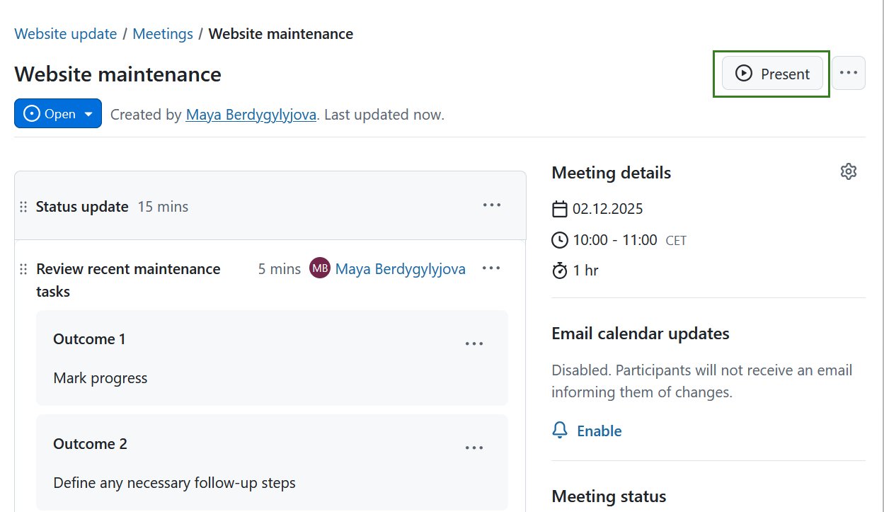 Button to start the presentation mode in OpenProject meetings module