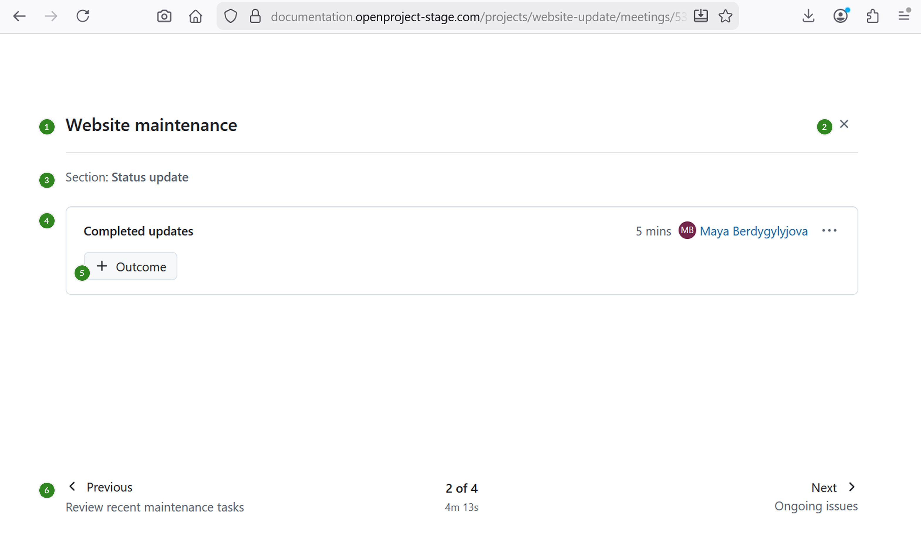 An example of a meeting in an active presentation mode in OpenProject