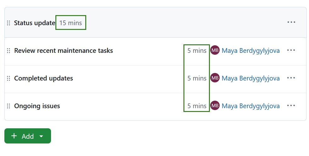 Duración de una sección en una reunión de OpenProject