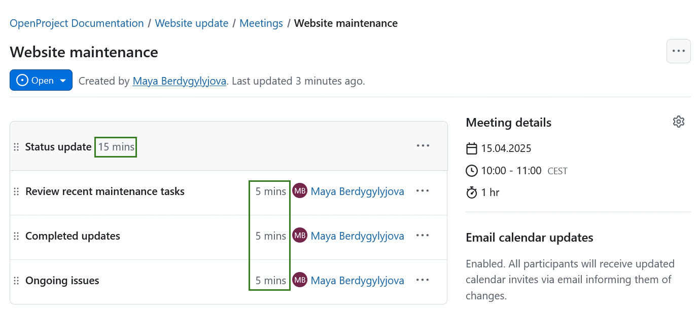 Duración de una sección en una reunión de OpenProject