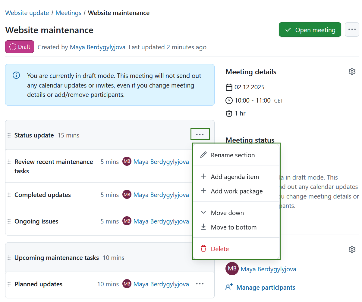 Modifier ou supprimer une section dans une réunion OpenProject