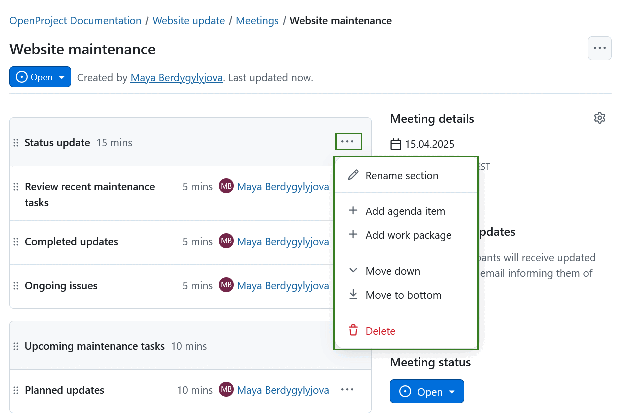Editar o eliminar una sección en una reunión de OpenProject