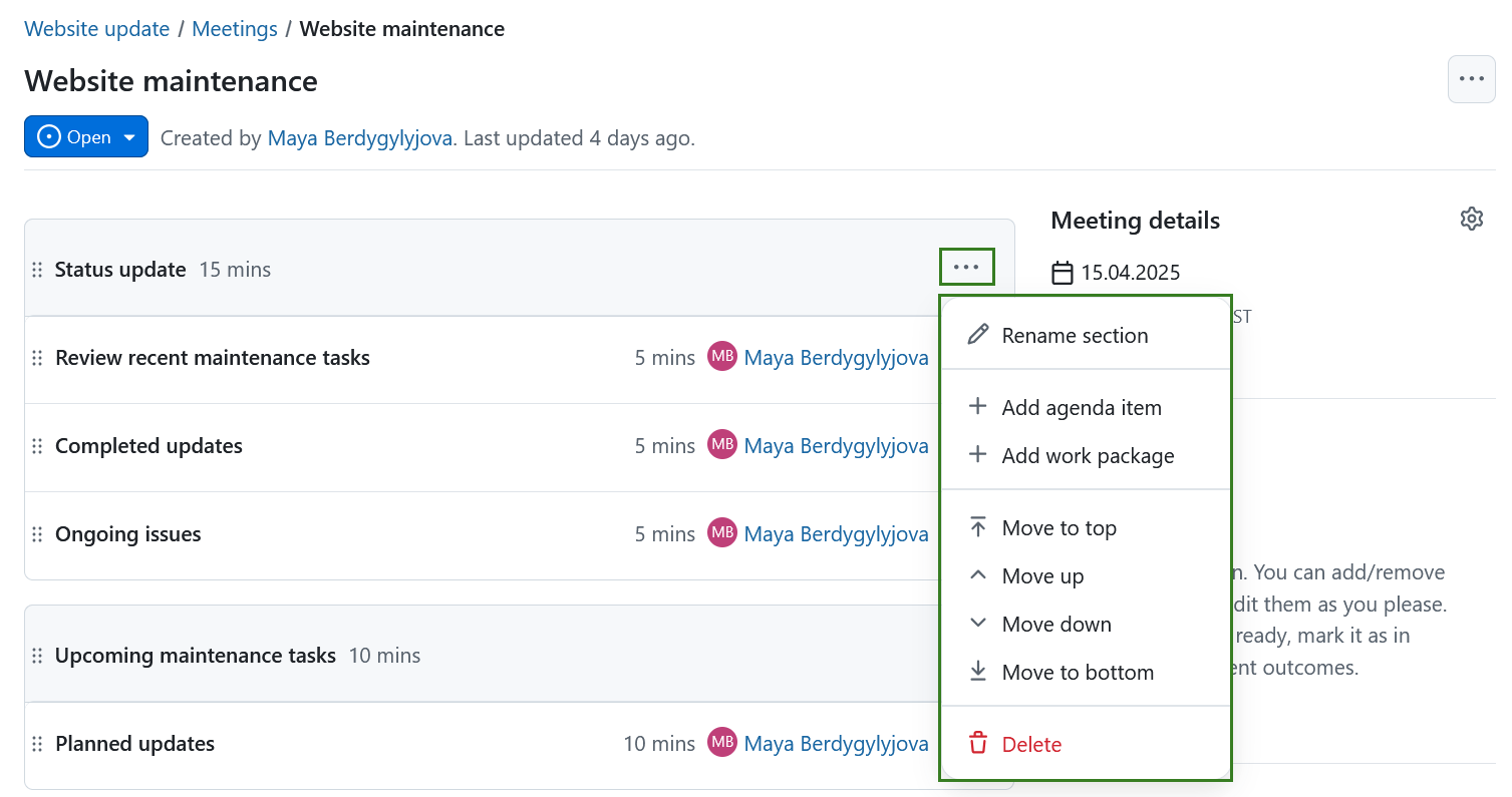 Edit or delete a section in an OpenProject meeting