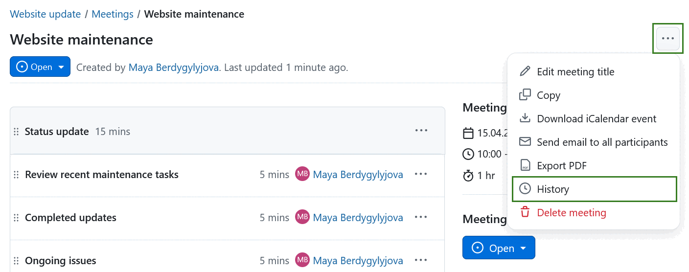 Seleccionar la opción de historial de reuniones en las reuniones de OpenProject