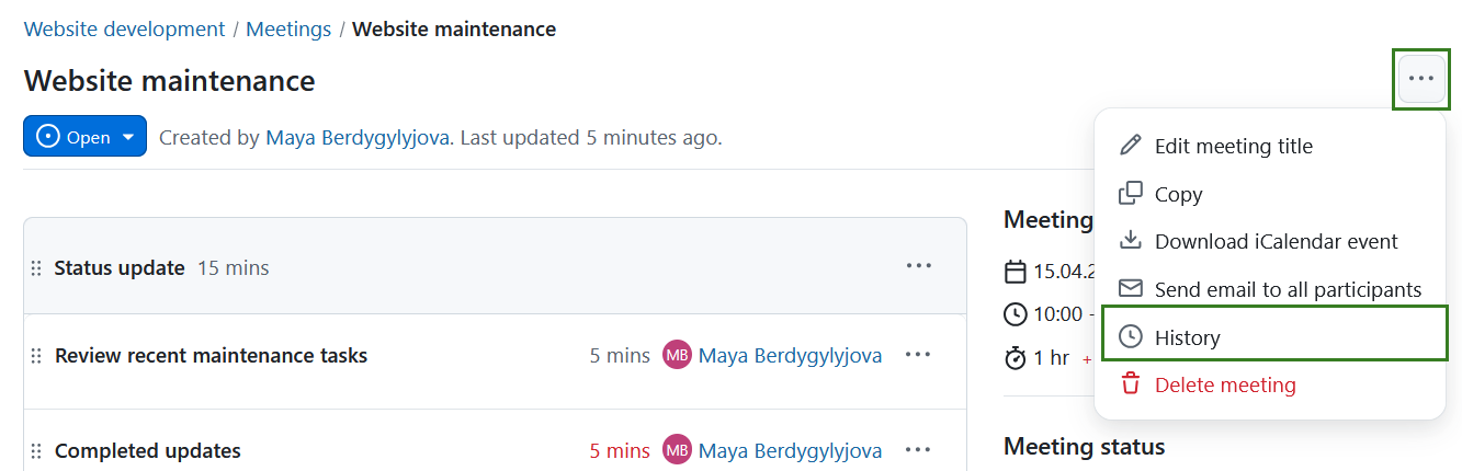 Select Meeting history option in OpenProject meetings