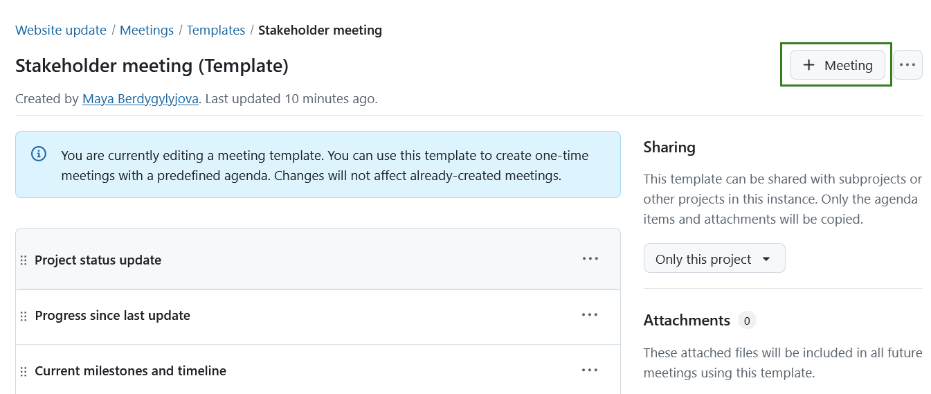 Crear una nueva reunión única a partir de una vista de plantilla de reunión en la plantilla de reunión de OpenProject