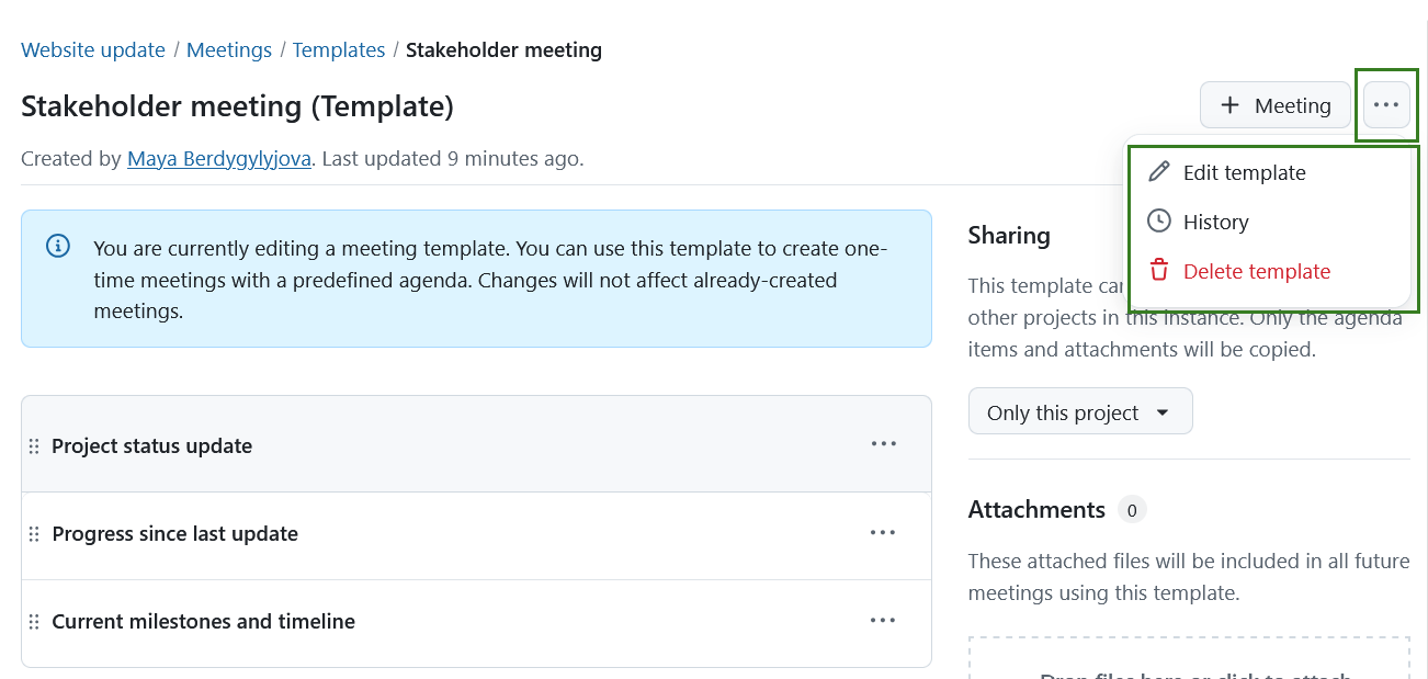 Editar, eliminar o ver el historial de una plantilla de reunión