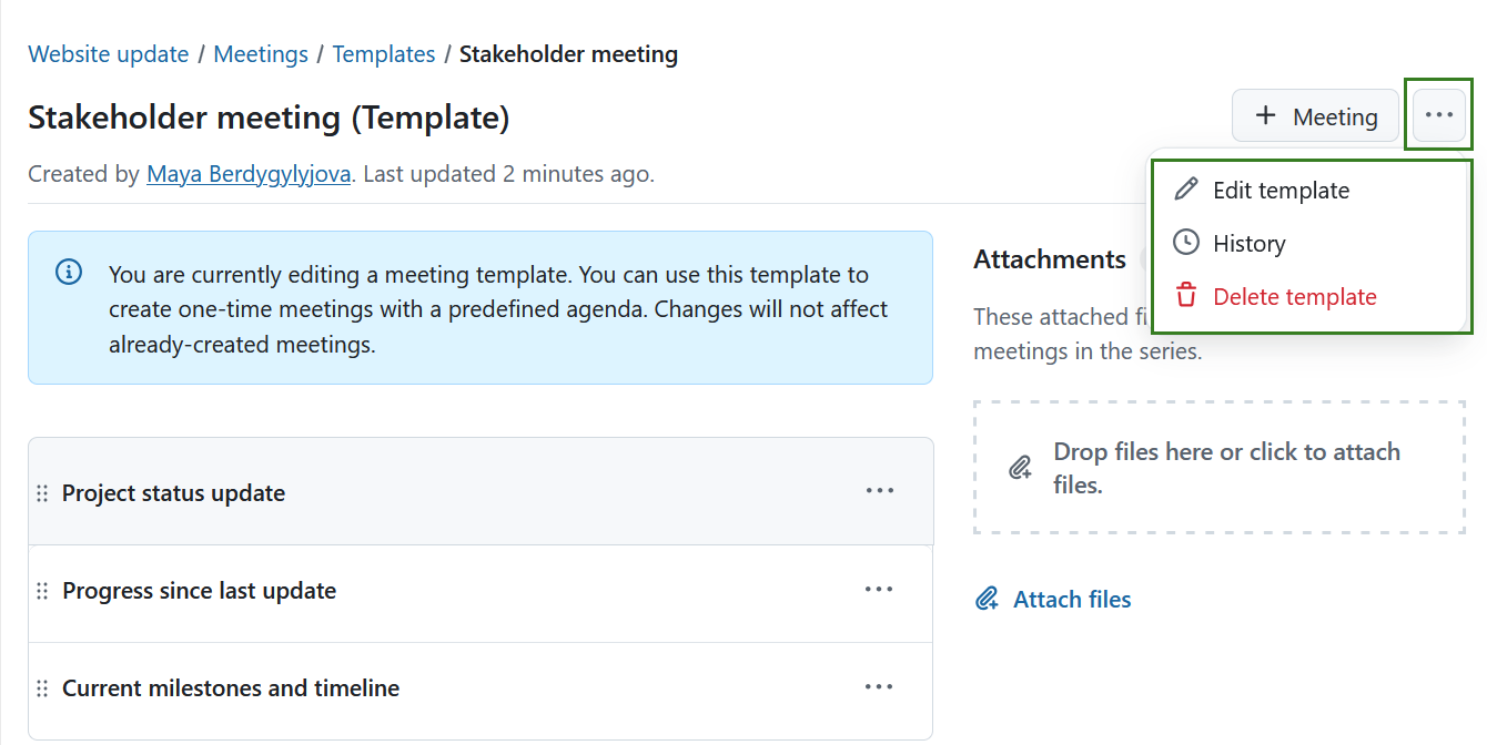 Edit, delete or view a meeting template history