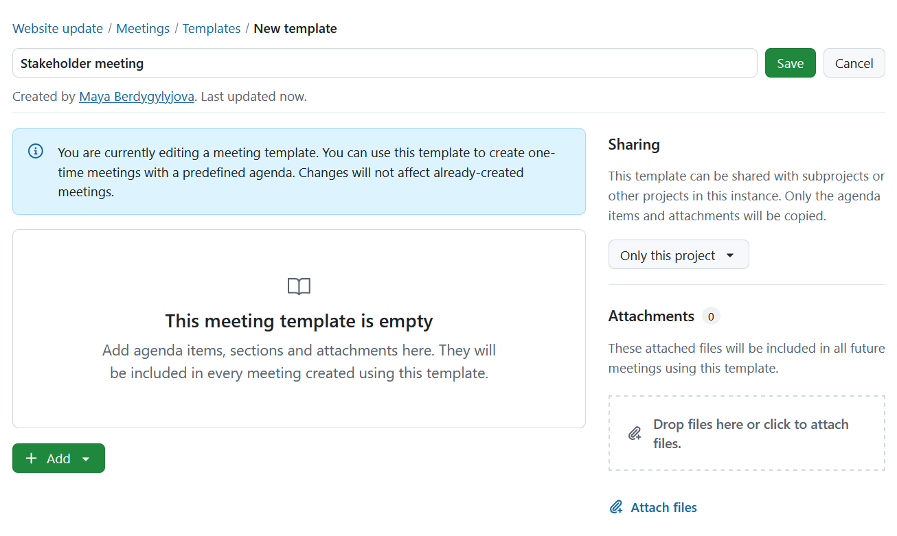 Nombre y defina una nueva plantilla de reunión en OpenProject