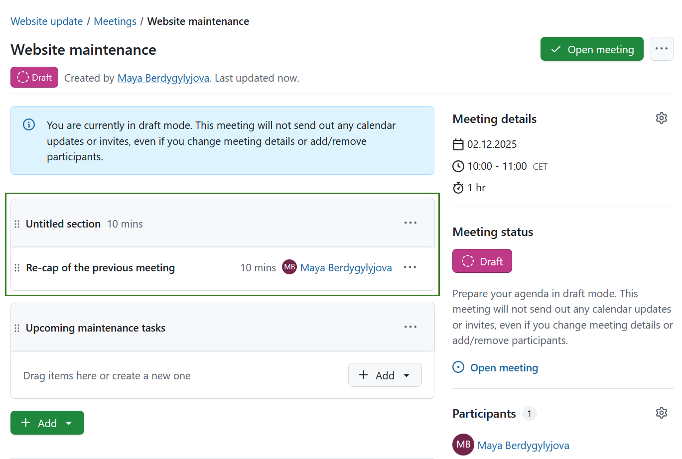 Sección sin título en la reunión de OpenProject