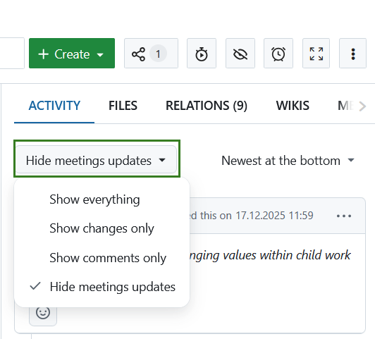 Hide meetings updates from drop-down menu of the Activity tab