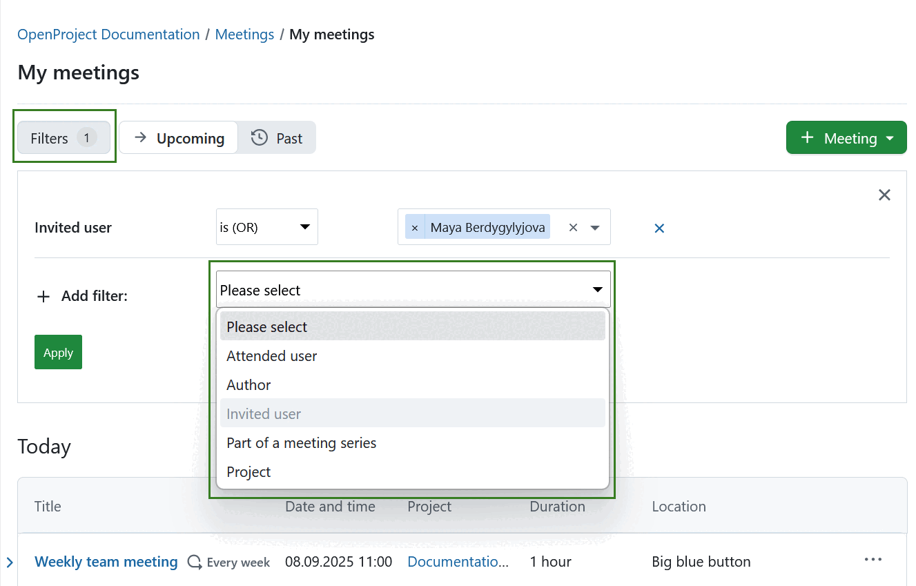 Filtrar la lista de reuniones dinámicas en OpenProject