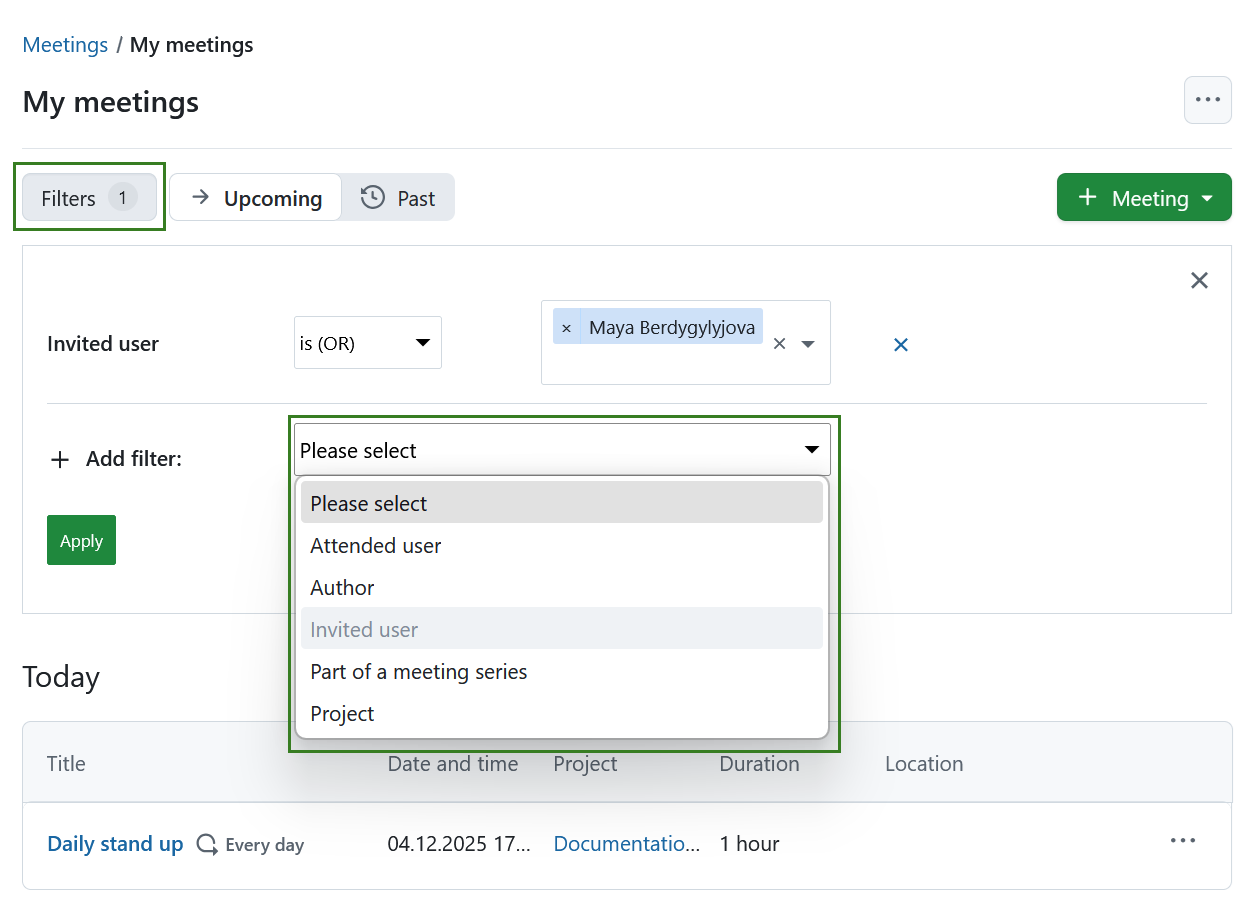 Filtrer la liste des réunions dynamiques dans OpenProject
