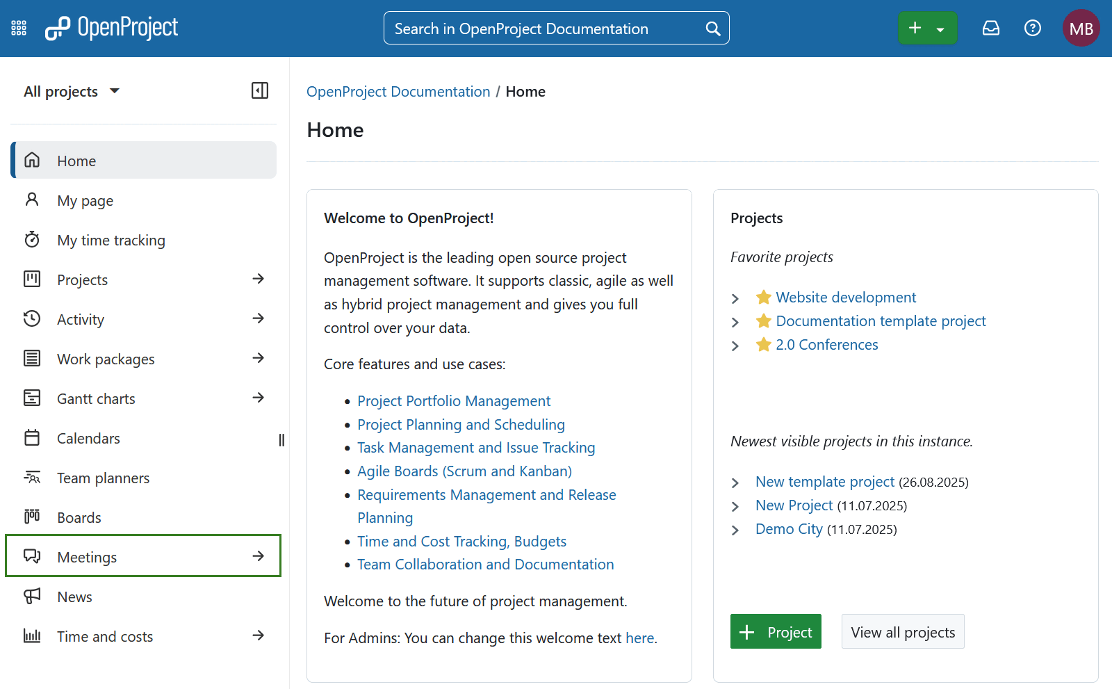 Seleccionar módulo de reuniones de módulos globales de proyecto abierto 