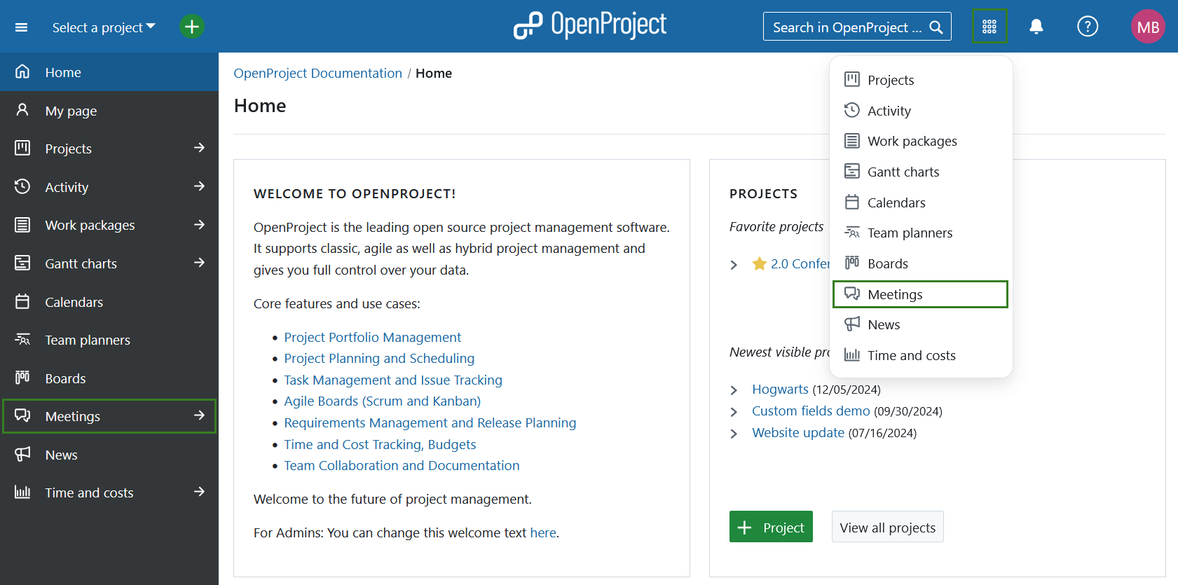Select meetings module from openproject global modules 