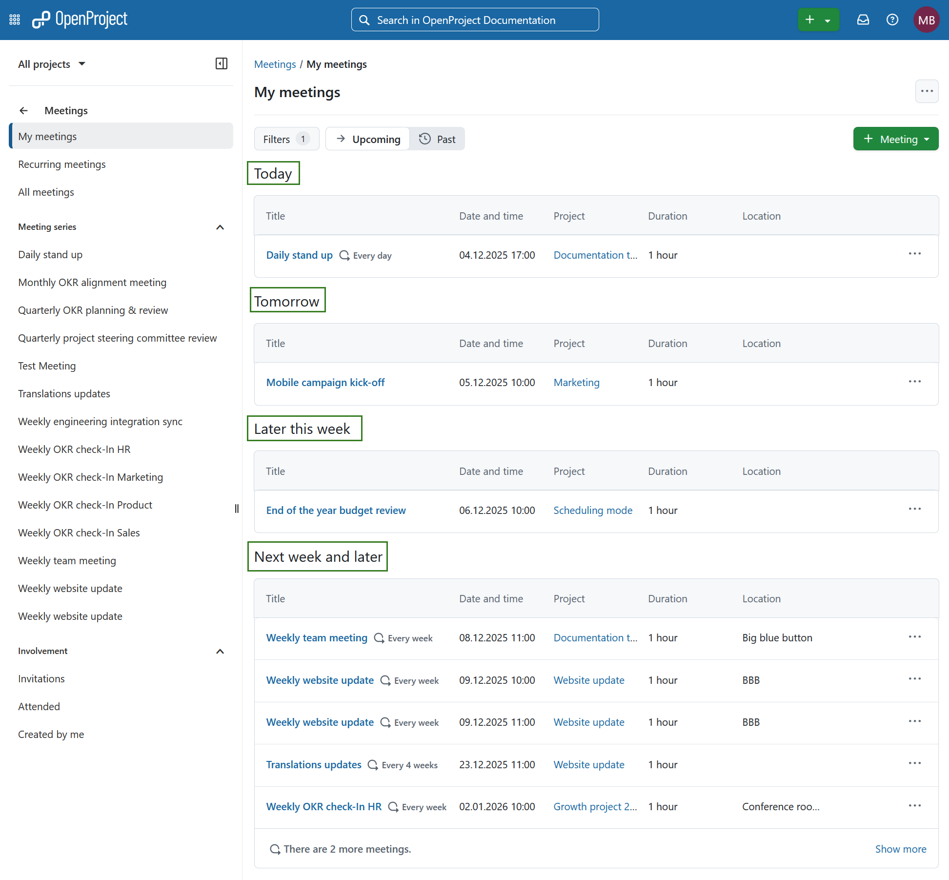 Aperçu des réunions dans les modules globaux d’openproject