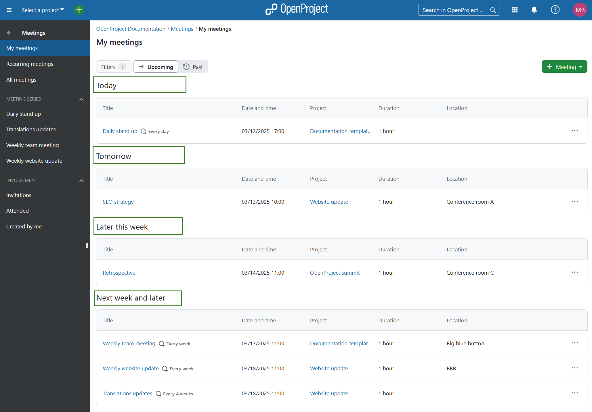 Meetings overview in openproject global modules