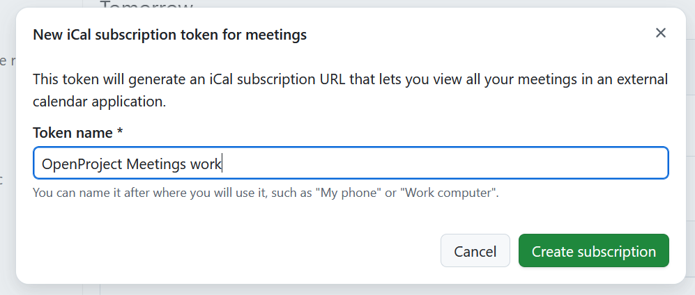 New calendar subscription form opened in OpenProject