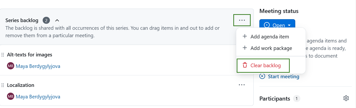 Una opción para borrar un backlog de serie en las reuniones periódicas de OpenProject