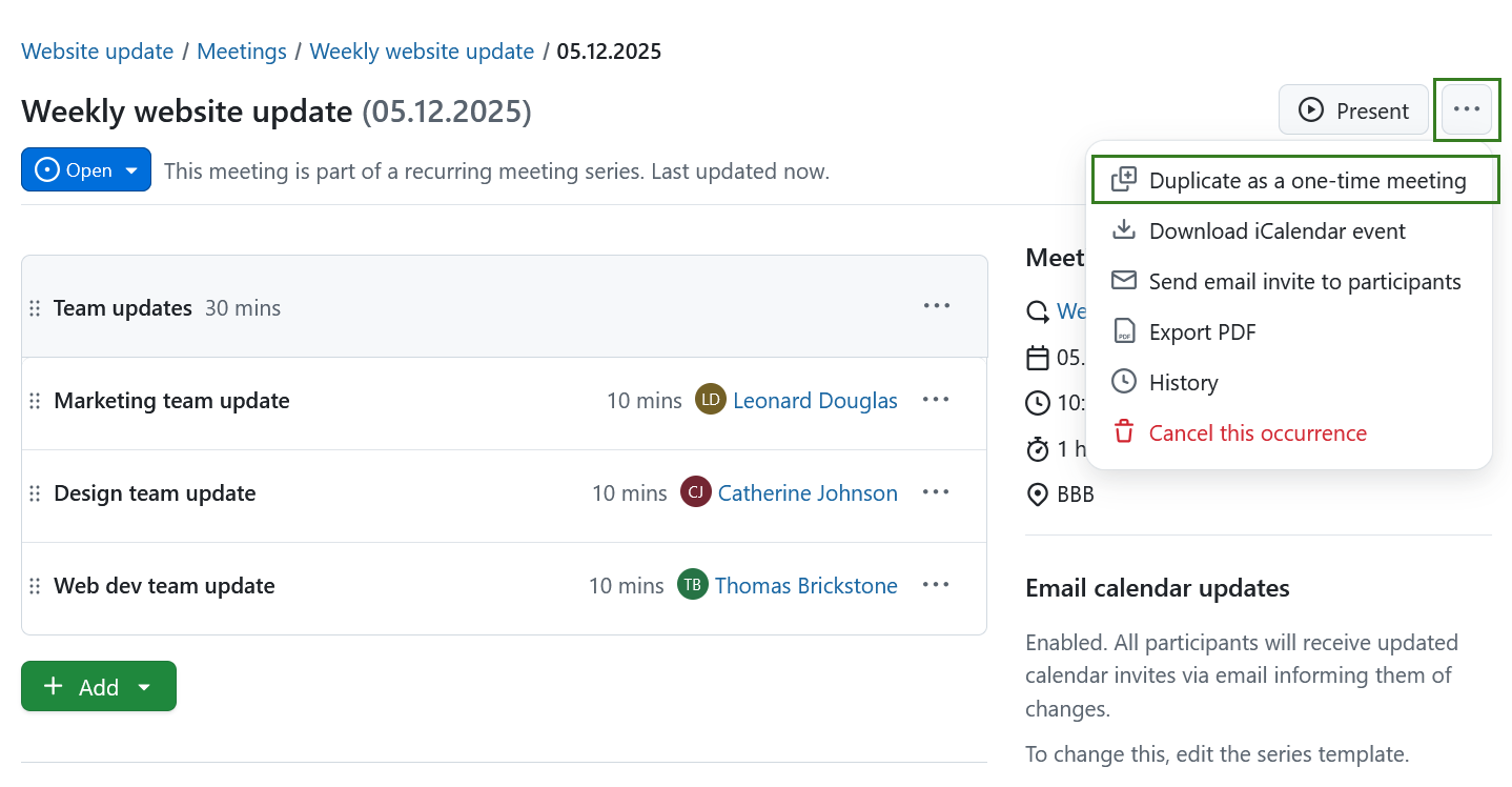 Copiar una reunión periódica como reunión única