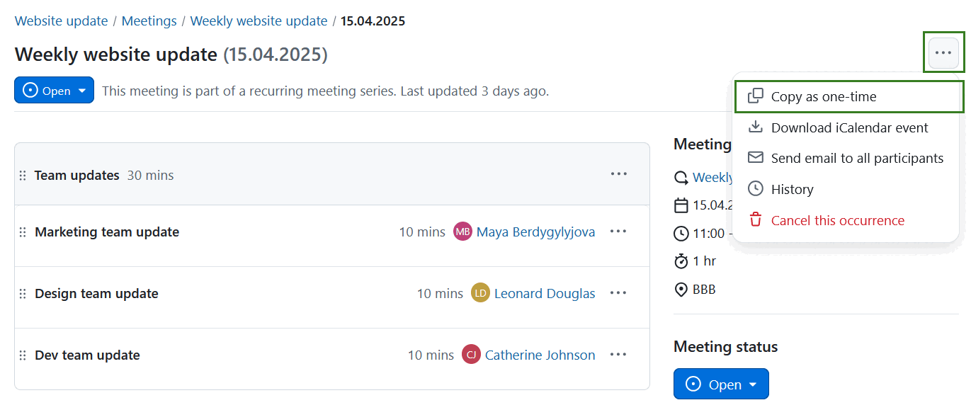 Copy a recurring meeting occurrence as a one-time meeting