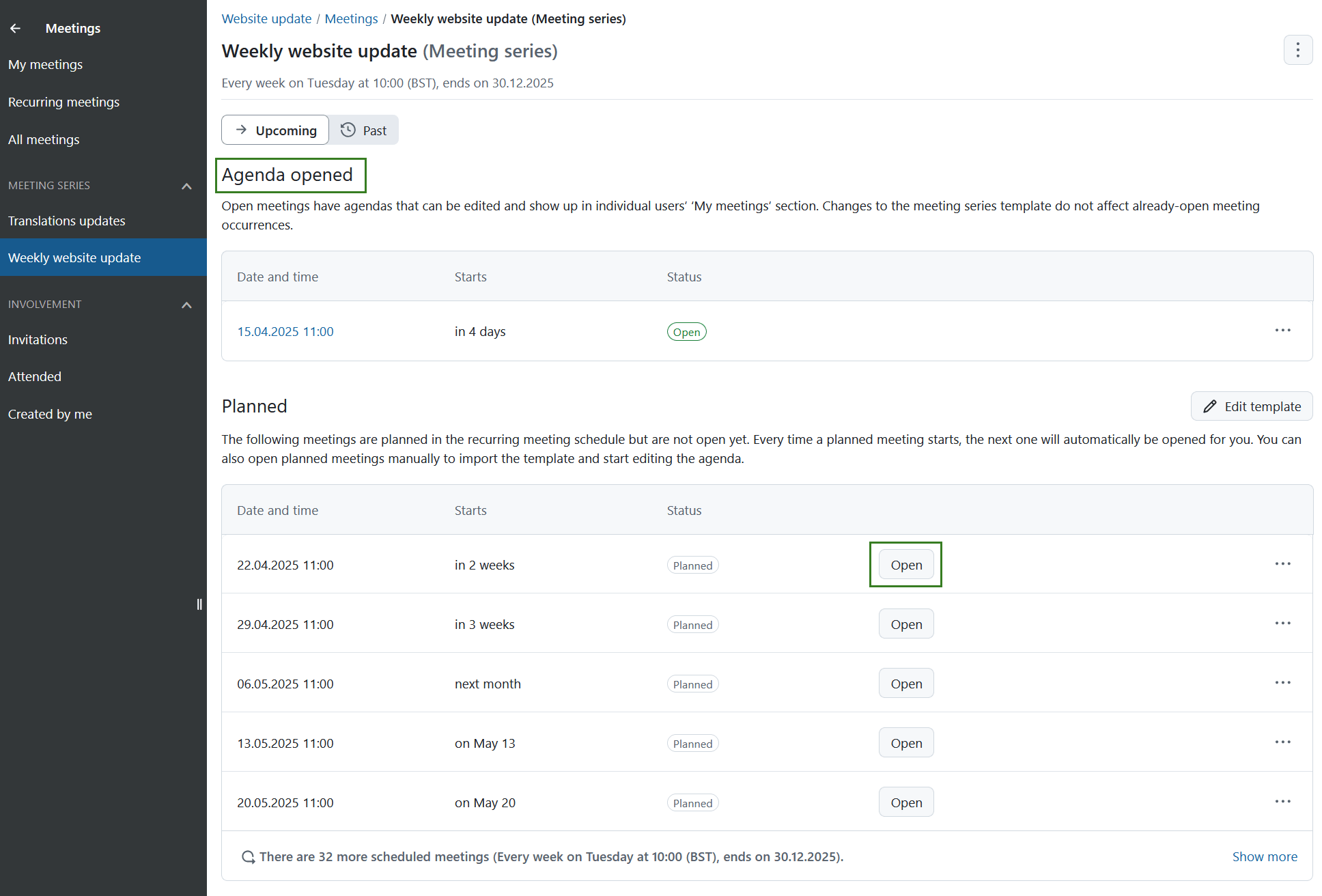 Select a meeting occurrence on a recurring meetings series index page