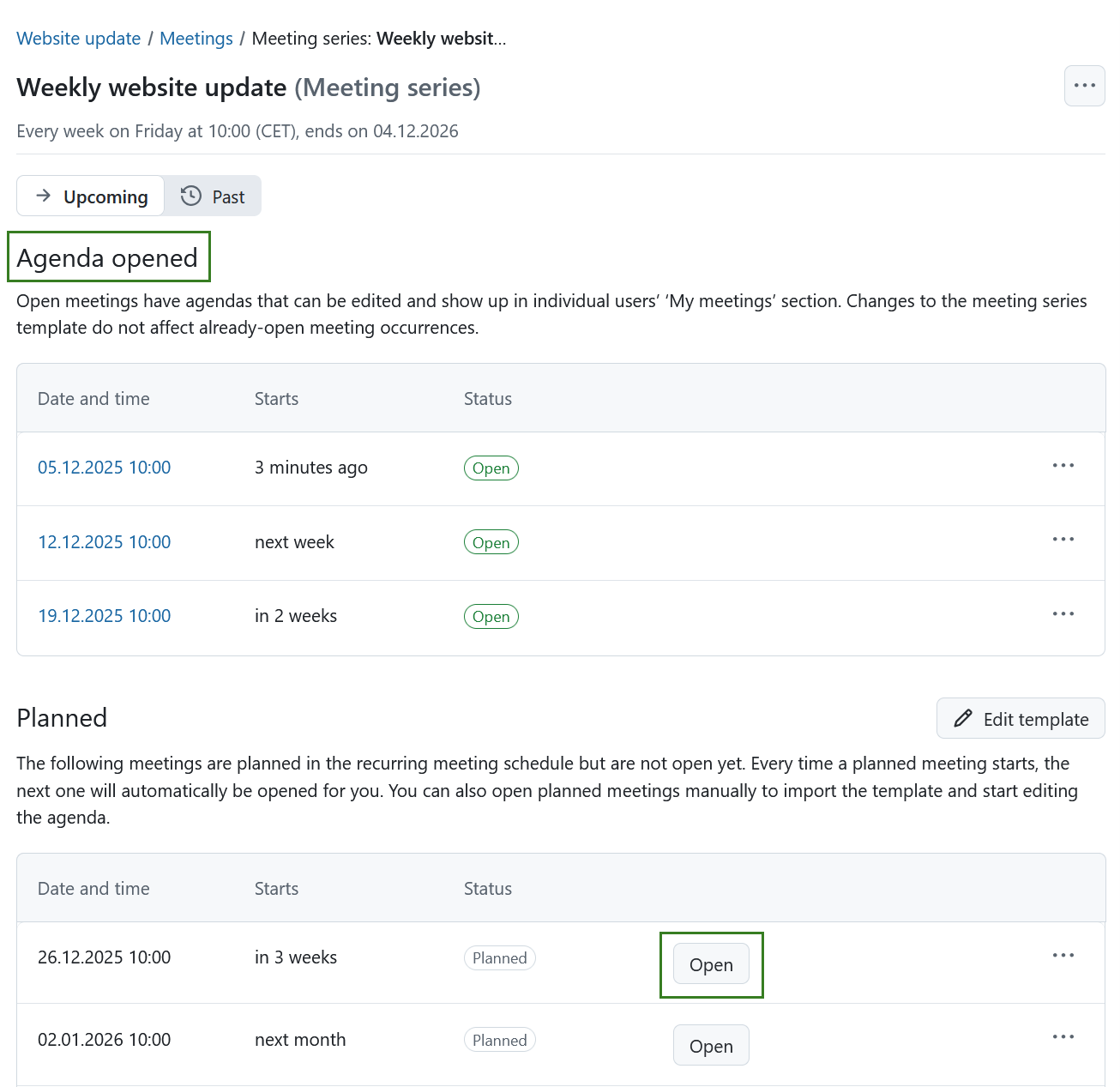 Seleccionar una incidencia de reunión en una página de índice de serie de reuniones periódicas