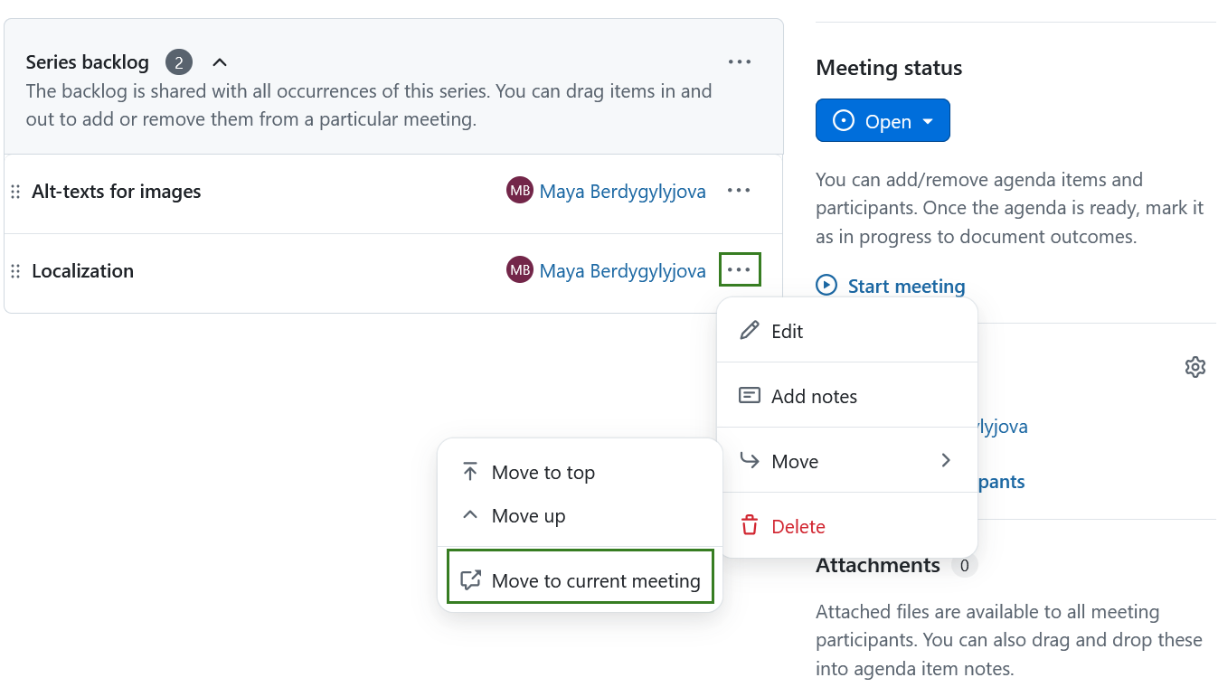 Mover los puntos del orden del día de las series atrasadas al orden del día en las reuniones de OpenProject