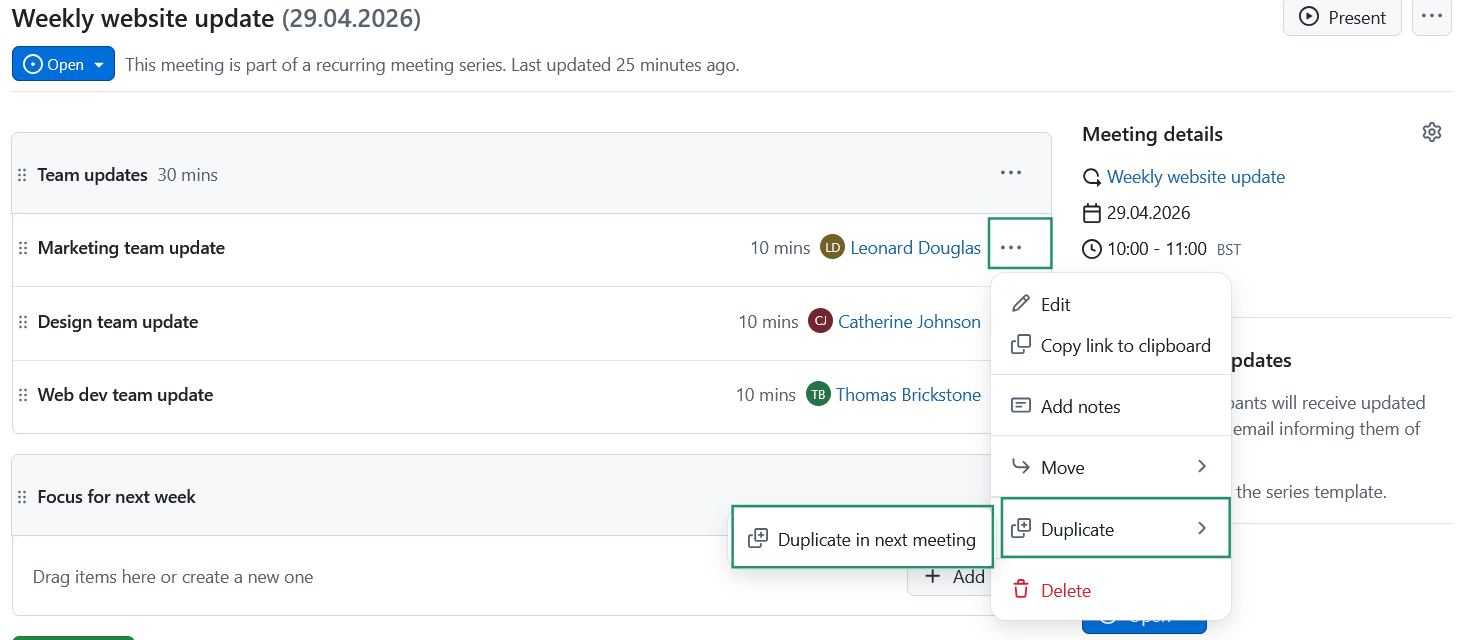 Duplicate an agenda item to next meeting in OpenProject recurring meetings